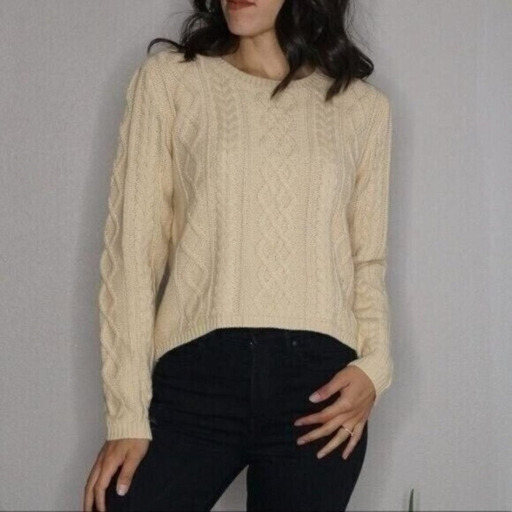 Beige Round Neck Cable Knit Sweater Featuring Elbow Patches Asymmetrical Hem